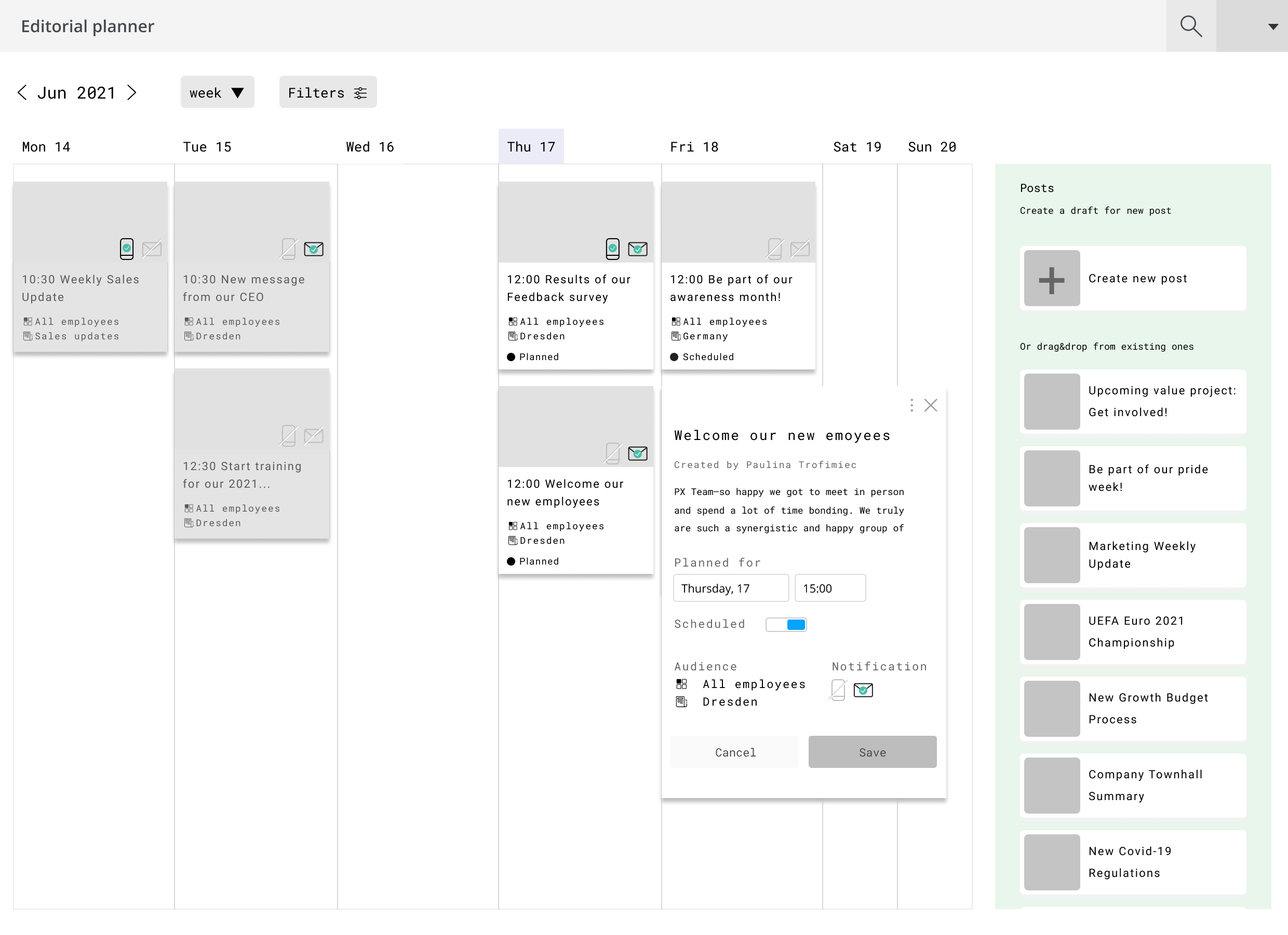 Low-fidelity wireframe of editorial calendar